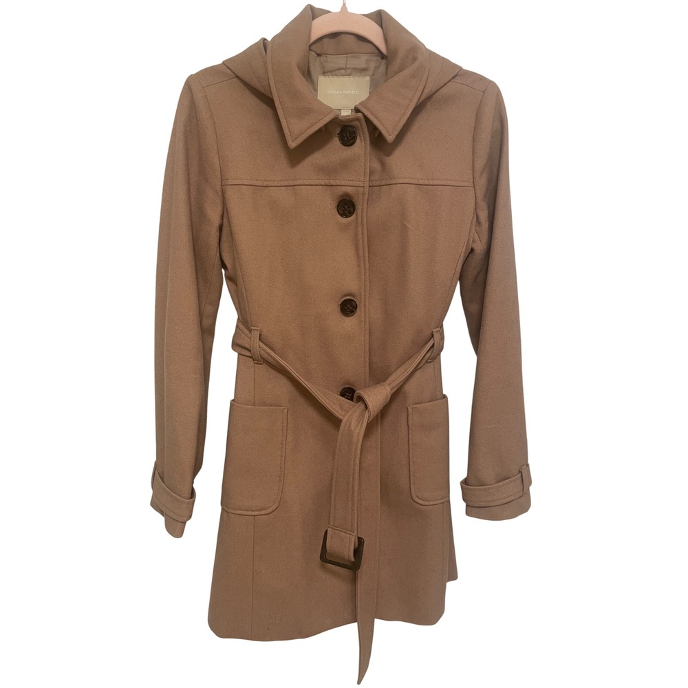 Banana Republic Coat Camel Wool Blend Hooded Tan Small